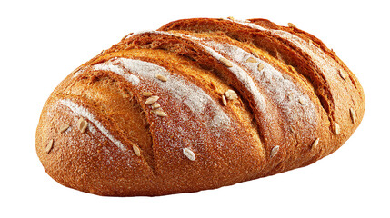 Artisan whole wheat sourdough bread loaf with sunflower seeds, dusted with flour, isolated on transparent background