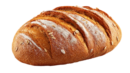 Artisan whole wheat sourdough bread loaf with sunflower seeds, dusted with flour, isolated on transparent background