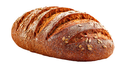 Artisan whole wheat bread loaf with sunflower seeds and a dusting of flour, isolated on transparent background