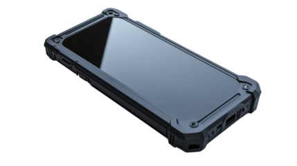Black smartphone inside rugged protective case
