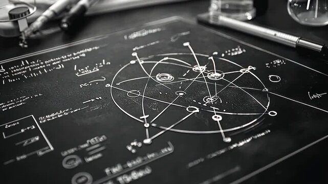 Detailed scientific drawing on dark background