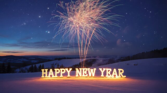 Happy new year display with fireworks over snowy landscape