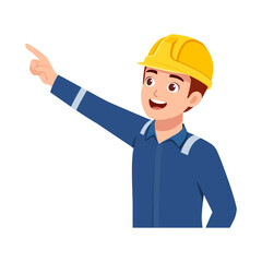 Smiling Construction Worker Pointing Upward Wearing Yellow Hard Hat and Blue Uniform