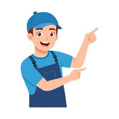 Happy Young Man in Overalls Pointing Upward with Both Hands Illustration