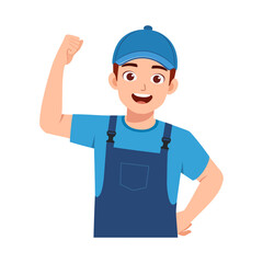 Happy Caucasian Man in Blue Overalls and Cap Raising Fist with Smiling Expression Cartoon Style
