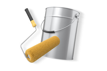 Foam paint roller with handle and shiny metal bucket, isolated on white background with clipping path, concept of painting tools
