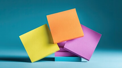 Fototapeta premium Colorful Stacked Sticky Notes Against Blue Background