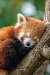 Fototapeta premium A fluffy, rust-colored mammal with a white face sleeps peacefully curled up on a tree branch