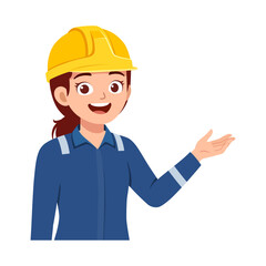 Smiling Asian Woman Engineer in Blue Uniform with Yellow Hard Hat Presenting