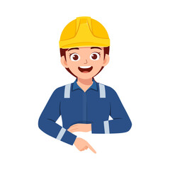Happy Technician Woman in Workwear Pointing Downward Wearing Yellow Helmet and Smiling