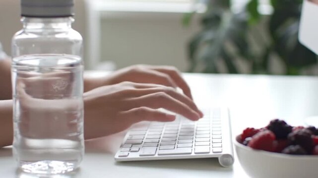 A person typing on a computer keyboard with a healthy snack of fresh berries and a bottle of water on the desk.