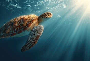 Fototapeta premium A sea turtle swims gracefully underwater, bathed in sunlight
