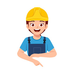 Smiling woman worker in blue uniform and yellow helmet pointing downward illustration
