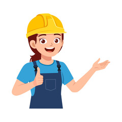 Smiling Caucasian Female Construction Worker Giving Thumbs Up and Presenting with Hand