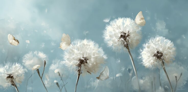Fototapeta Dreamy painting of white dandelions with butterflies against a soft blue background. A peaceful image