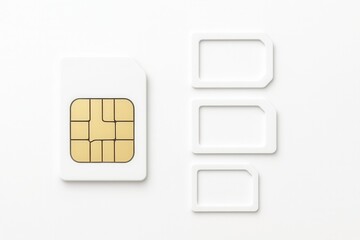 Top down mock sim card centered with three size adapters fanned neatly beside clean telecom template on white