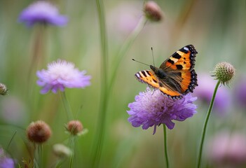 Obraz premium A vibrant butterfly perched atop a delicate purple flower surrounded by soft greenery