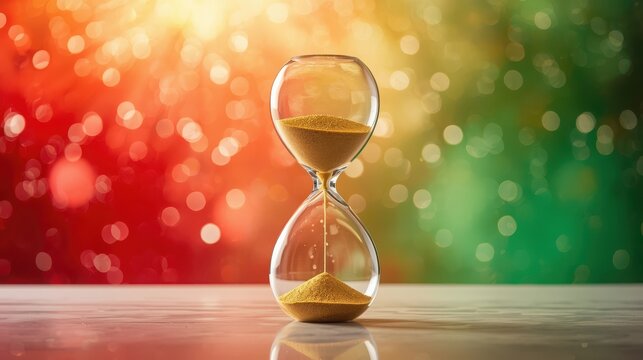 Hourglass with sand running against a bokeh background