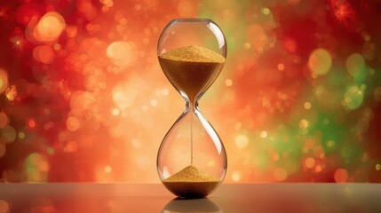 A clear hourglass with sand on a blurred orange background