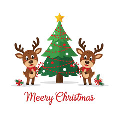 Fototapeta premium Cute christmas tree with reindeer and gifts for festive holiday greetings vector