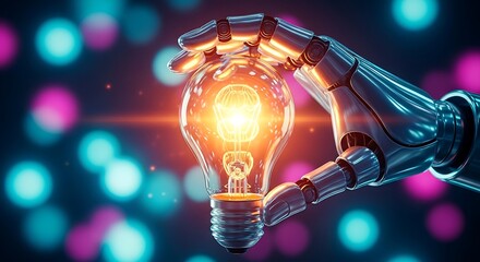 Robotic hand holding glowing light bulb innovation