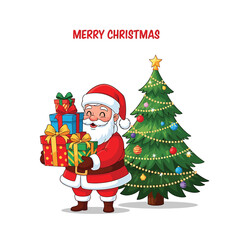 Jolly santa claus carrying gifts next to a decorated christmas tree festive holiday season vector