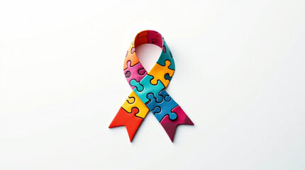 A vibrant and colorful autism awareness ribbon, crafted from puzzle pieces, isolated on white background, symbolizing the complexity and diversity of the autism spectrum