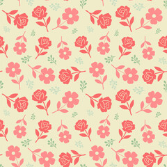 Charming seamless floral background with stylized pink blossoms and roses