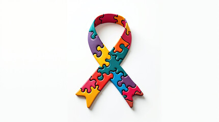 A colorful autism awareness ribbon made of puzzle pieces, symbolizing the complexity and diversity of autism spectrum disorder, isolated on white background it represents hope, acceptance, and support