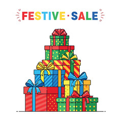 Festive sale exciting christmas gift boxes stack with colorful ribbons and bows vector