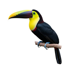 Obraz premium Toucan, perched on a branch with vibrant yellow beak and black plumage, cutout, PNG isolated on white or transparent background