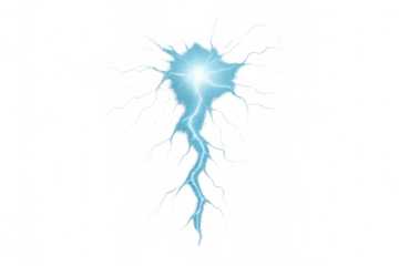 Blue lightning bolt striking, demonstrating electric power, thunder flash, and high voltage energy discharge