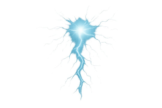 Blue lightning bolt striking, demonstrating electric power, thunder flash, and high voltage energy discharge