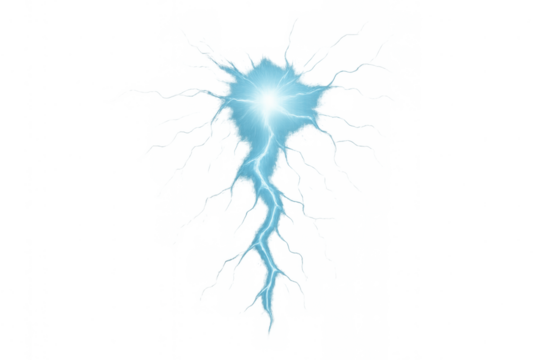 Blue lightning bolt striking, demonstrating electric power, thunder flash, and high voltage energy discharge