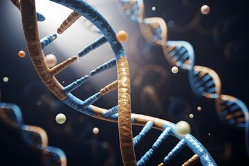 Blue and brown D N A helix strands with floating spheres on dark background double helix