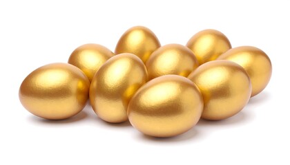 Group of lustrous golden eggs clustered together on a plain white surface, gleaming brightly with a subtle texture