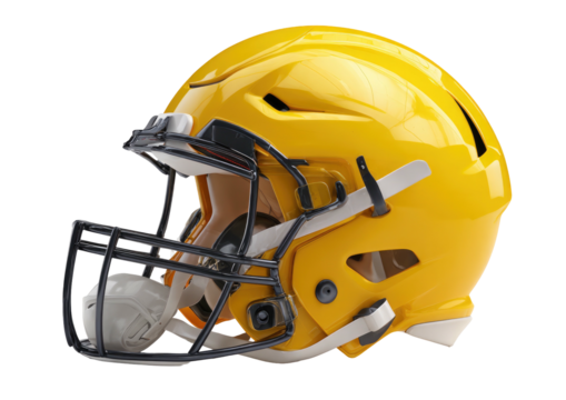 Yellow football helmet with black face mask on black background