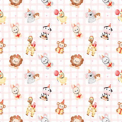 Watercolor Cute Animal Birthday Party Seamless Pattern, Baby Shower Safari Celebration Background for Nursery Fabric and Paper