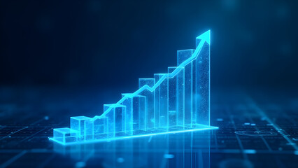 Futuristic glowing bar chart with arrow indicating success and positive trend