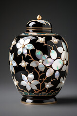 Korean Lacquerware Pattern Design, Intricate Mother-of-Pearl Inlay on Black Lacquer by traditional Korean Najeonchilgi	