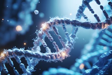Blue glowing double helix D N A molecule with particles and bokeh science genetics