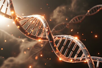 Glowing orange D N A double helix strands with particles in dark background genetic code genetics