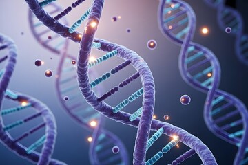 Multiple purple and blue D N A double helix strands with glowing orange particles genetics science