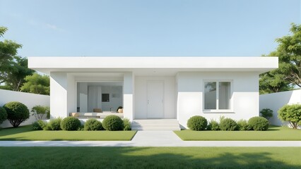 Modern minimalist white single-story house exterior with green lawn and clear sky, showcasing contemporary residential architecture and design.