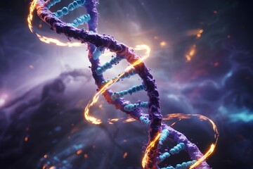 Purple and blue D N A helix with glowing orange energy swirls double helix genetic code