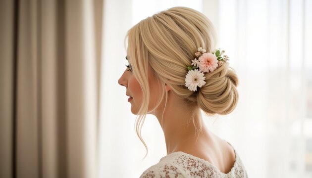 Woman with elegant wedding updo hairstyle adorned with flowers  