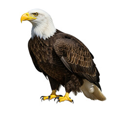 Obraz premium Bald eagle, majestic with white head and yellow beak standing proudly, cutout, PNG isolated on white or transparent background