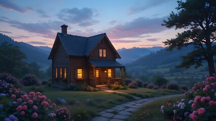Cozy Rustic House with Warm Lights at Dusk in a Scenic Mountain Valley with Blooming Flowers