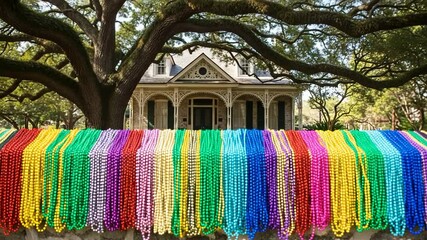 Mardi gras beads hanging on a stone wall in front of a house - Powered by Adobe