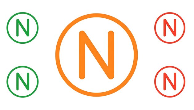 Row of letter "N" icons in circles, colored green, orange, and red, against a white background